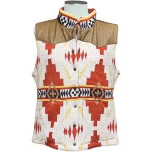 Orvis Leather Wool Aztec Southwestern Print Vest Large